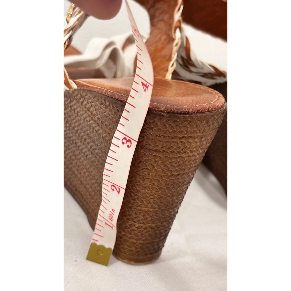 Italian Shoemakers White Brown Braided Buckle Wedge Sandals Size 7 Made in Italy